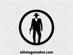 Logo available for sale in the shape of a man with a gun in hand with a simple design and black color.
