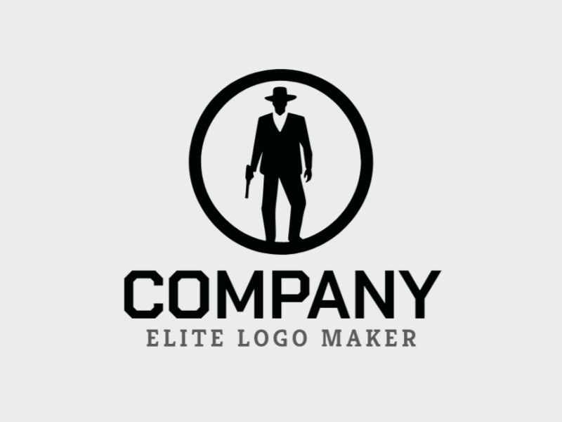 Logotipo disponível para venda com a forma de um homem com arma na mão com design simples e cor preto.
