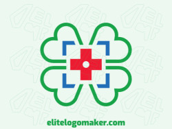 Creative logo in the shape of a four leaf clover merged with a cross with memorable design and simple style, the colors used are: green, blue, red.