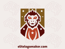 Mascot logo with solid shapes forming a monkey combined with a shield with a refined design, the colors used are orange, yellow, and brown.