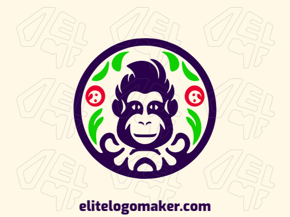 Logotipo abstrato com design refinado, formando um macaco com as cores verde, azul, e vermelho.
