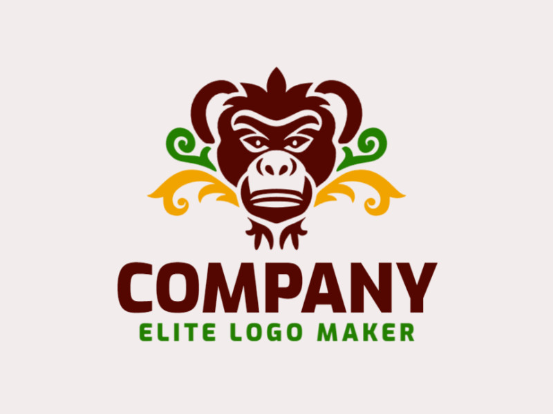 A symmetric monkey head logo in green, brown, and yellow. An energetic, eye-catching design that expresses fun and joy.