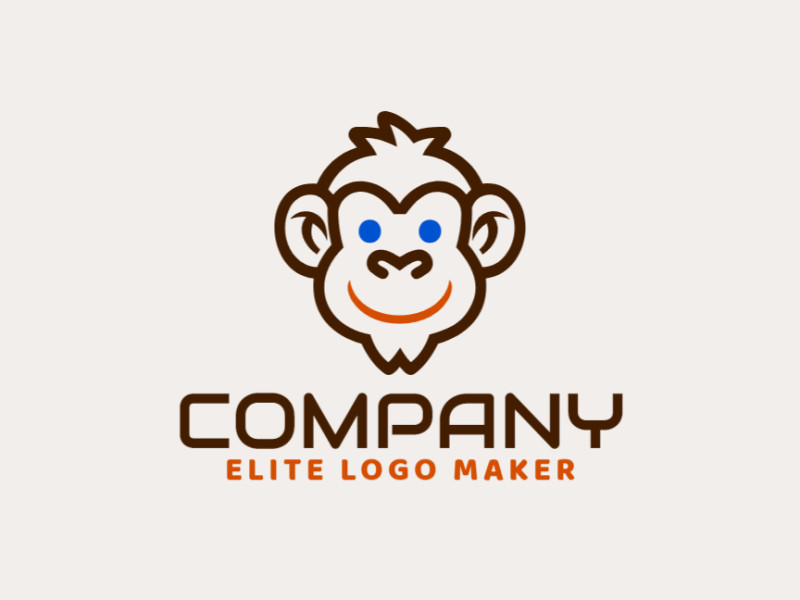 Um logotipo pictórico com uma cabeça de macaco, criativamente projetado com tons de azul, marrom e laranja, incorporando brincadeira e originalidade.