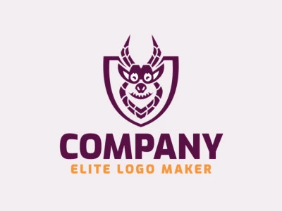 Logotipo simétrico com formas sólidas formando um monstro com design refinado e cor roxo.