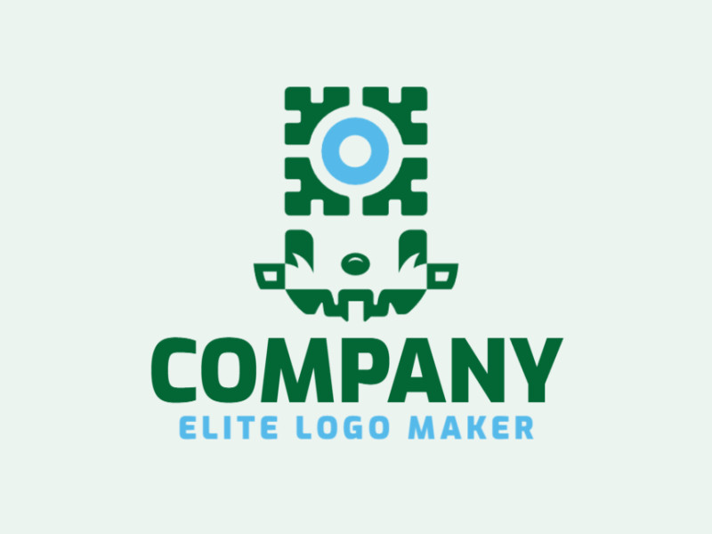 Crie um logotipo vetorial para sua empresa com a forma de um monstro combinado com uma câmera com estilo abstrato, as cores utilizadas foi verde e azul.