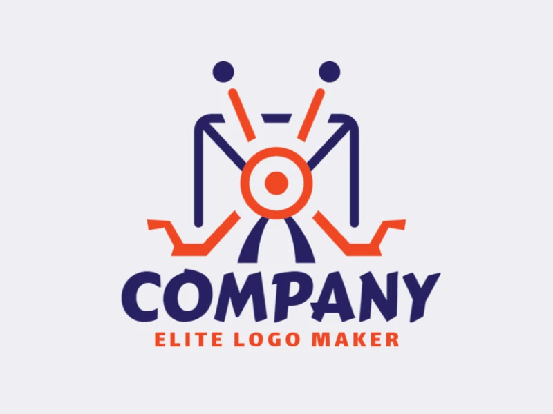 Logotipo customizável com a forma de um monstro combinado com um ícone de email composto por um estilo simétrico e cores azul e laranja.