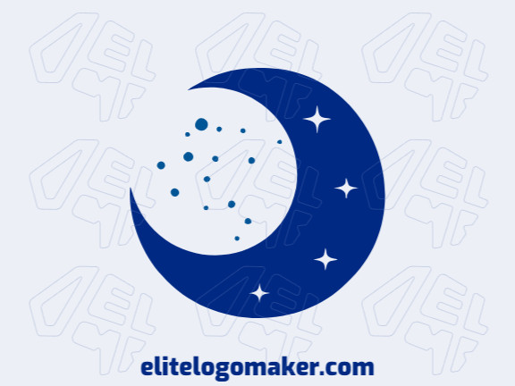 Logotipo disponível para venda com a forma de uma lua combinado com estrelas com design simples e cor azul escuro.