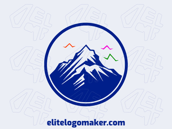 Create a vectorized logo showcasing a contemporary design of a mountain combined with birds and illustrative style, with a touch of sophistication with green, orange, pink, and dark blue colors.