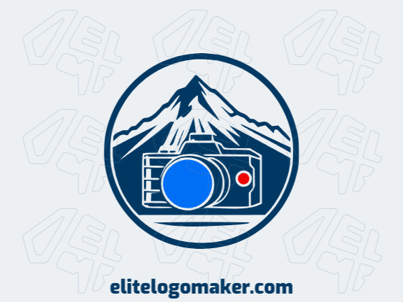 Um logotipo profissional em forma de uma montanha combinado com uma câmera com um estilo abstrato, as cores utilizadas foram: azul, laranja, e azul escuro.