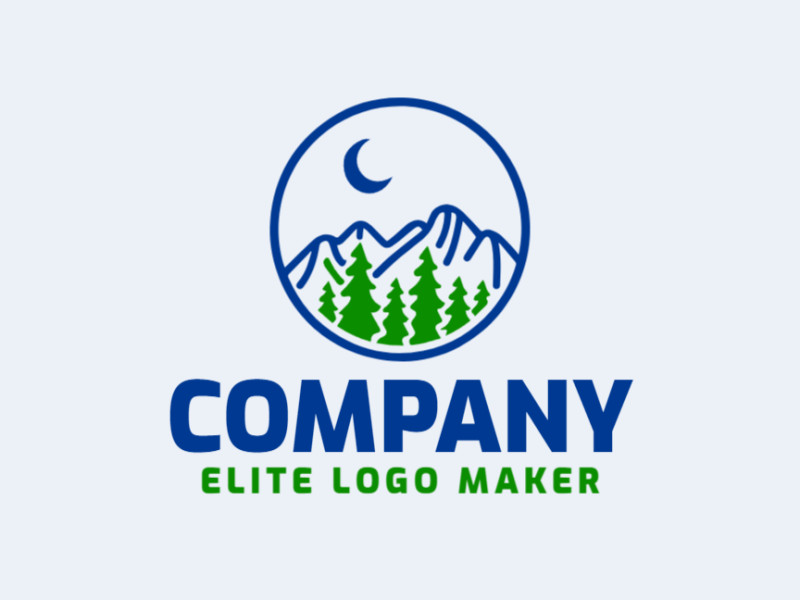 A circular design featuring mountains and pine trees, evoking tranquility and adventure, perfect for a nature-inspired logo.