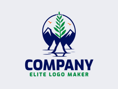 Modelo de logotipo para venda com a forma de uma montanha combinado com um plantas da floresta, as cores utilizadas foram: verde, laranja, e azul escuro.