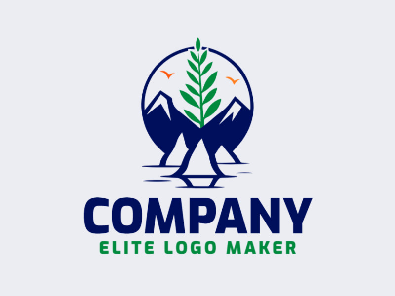 Logo template for sale in the shape of a mountain combined with rainforest plants, the colors used were green, orange, and dark blue.