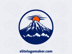 Crie seu próprio logotipo com a forma de uma montanha combinado com um sol com estilo ilustrativo e com as cores laranja e azul escuro.
