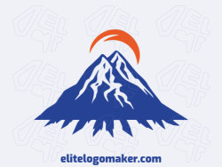Crie um logotipo para sua empresa com a forma de uma montanha combinado com um sol com estilo pictórico e com as cores laranja e azul escuro.