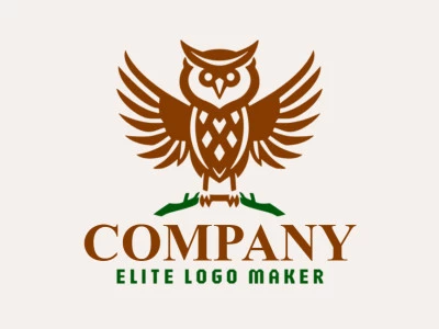 Logo available for sale in the shape of a nocturnal owl with a symmetric style with green and brown colors.