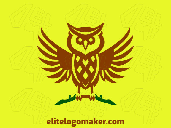 Logotipo disponível para venda com a forma de uma coruja noturna com estilo simétrico e com as cores verde e marrom.