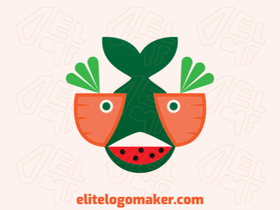 Abstract logo with the shape of a fish composed of carrots and a piece of watermelon with green, orange and red colors.
