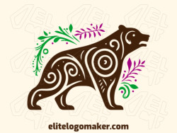 Create your own logo in the shape of an ornamental bear with handcrafted style with green, brown, and purple colors.