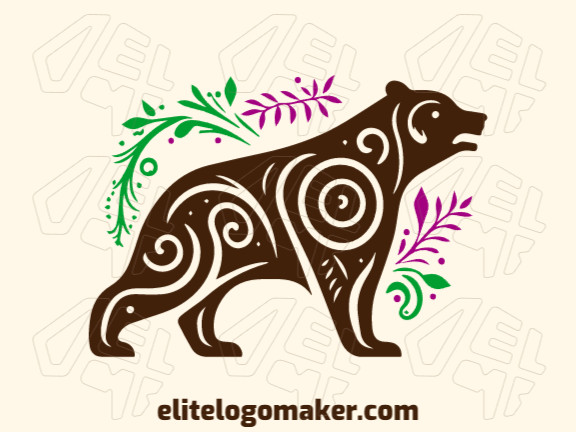Crie seu próprio logotipo com a forma de um Urso Ornamental com estilo artesanal e com as cores verde, marrom, e roxo.