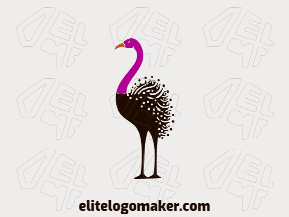 Logotipo ilustrativo com formas sólidas formando um avestruz com design refinado e com as cores laranja, preto, e rosa.