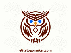 The symmetric logo was created with abstract shapes forming an owl with blue, brown, and orange colors.