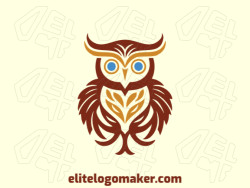 Create your own logo in the shape of an owl with a minimalist style with blue, brown, and yellow colors.