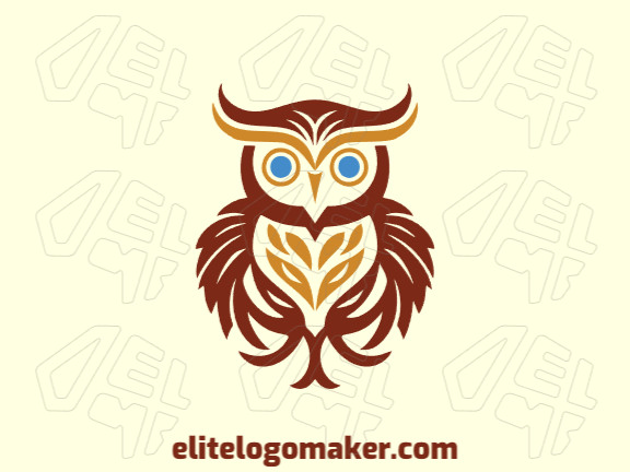 Create your own logo in the shape of an owl with a minimalist style with blue, brown, and yellow colors.