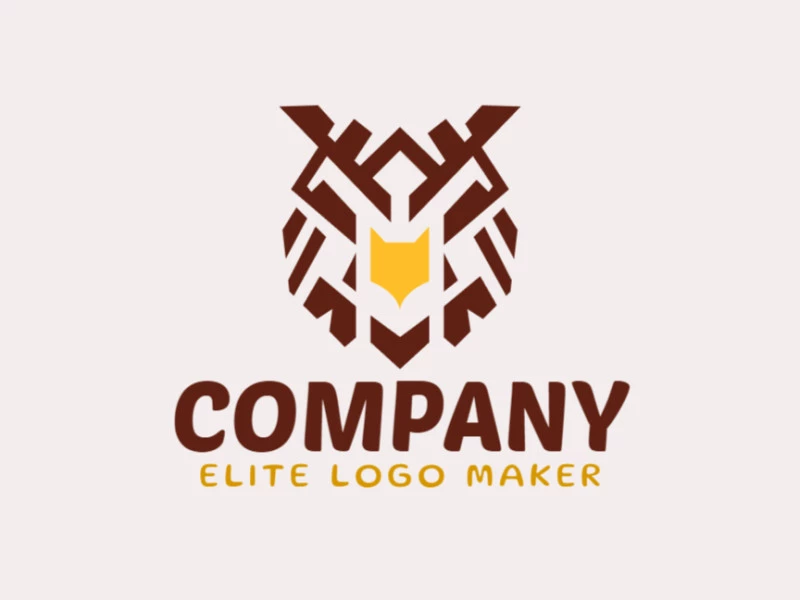 Logotipo simples e profissional com a forma de uma cabeça de coruja com estilo simétrico, as cores utilizadas foi marrom e amarelo.