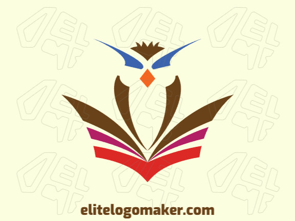 Double meaning logo in the shape of a book combined with an owl, the colors used are red, brown, blue, yellow, and purple.