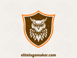 Create a vector logo for your company in the shape of an owl combined with a shield with an emblem style, the colors used were orange and dark brown.