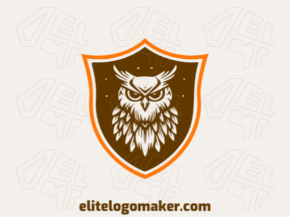 Crie um logotipo vetorial para sua empresa com a forma de uma coruja combinado com um escudo com estilo emblema, as cores utilizadas foi laranja e marrom escuro.