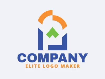 Logotipo creativo en forma de un candado combinado con una flecha con un diseño memorable y un estilo minimalista, los colores utilizados son azul, verde, y naranja.