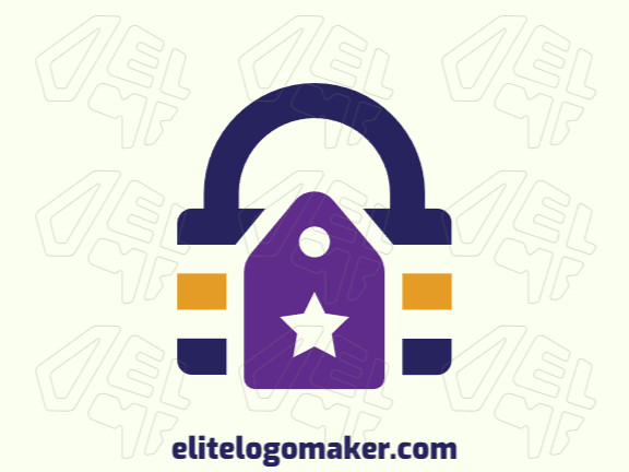 Customizable logo in the shape of a padlock combined with a tag, with a minimalist style, the colors used was blue, purple, and yellow.