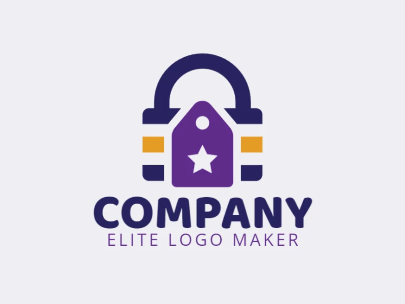 Logotipo customizável com a forma de um cadeado combinado com uma etiqueta, com estilo minimalista, as cores utilizadas foram: azul, roxo, e amarelo.