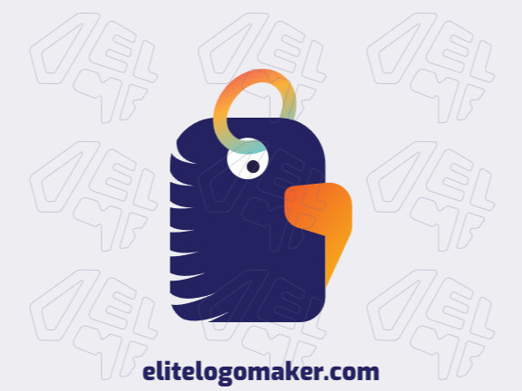 Logo available for sale in the shape of a parakeet combined with a tag with abstract style with green, blue, and orange colors.