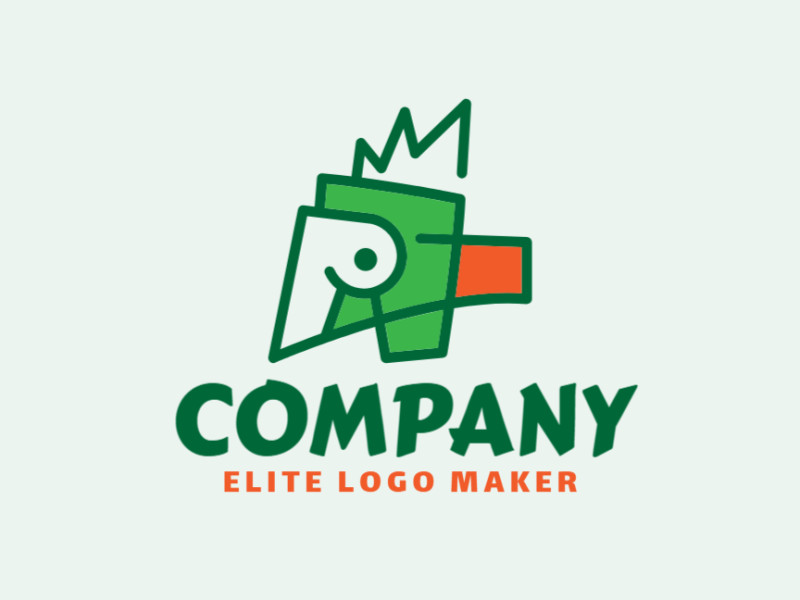 Logotipo abstrato com a forma de um papagaio composto por formas simples e design refinado, as cores utilizadas no logotipo foi laranja e verde.