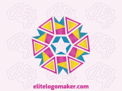 Abstract logo design composed of banners combined with triangles and stars, with a creative and professional design, the colors used are yellow, pink, and blue.