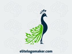 Creative logo in the shape of a peacock with a memorable design and abstract style, the colors used were green and dark blue.