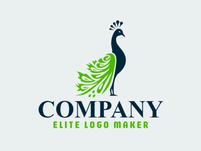 Creative logo in the shape of a peacock with a memorable design and abstract style, the colors used were green and dark blue.