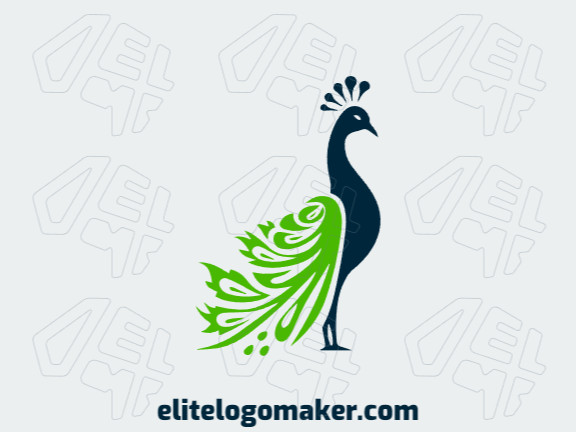 Logotipo criativo com a forma de um pavão com design memorável e estilo abstrato, as cores utilizadas é verde e azul escuro.