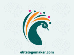 Um logotipo abstrato retratando um pavão, suas cores vibrantes de laranja, rosa e verde escuro simbolizando elegância e vitalidade.