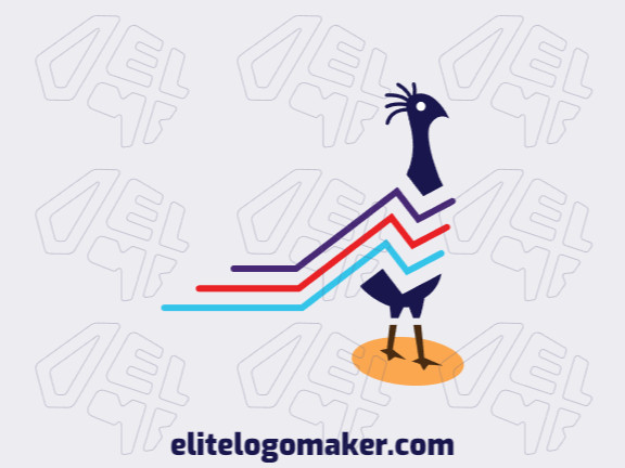 Simple animal logo with the shape of a peacock composed abstract shapes and lines with blue, red, purple and yellow colors.