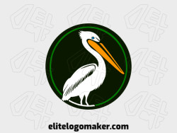 Create a logo for your company in the shape of a pelican with a circular style with green, orange, and white colors.