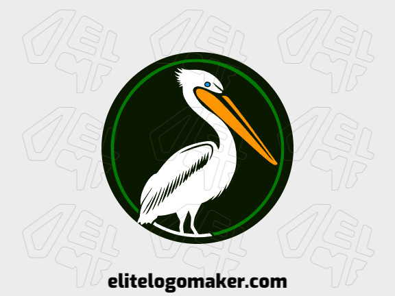 Crie um logotipo para sua empresa com a forma de um pelicano com estilo circular e com as cores verde, laranja, e branco.