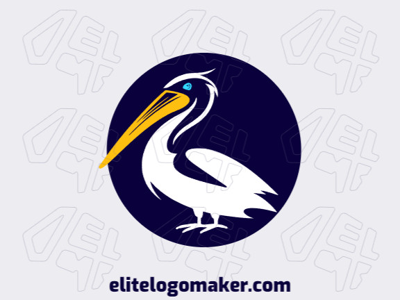 Modelo de logotipo para venda com a forma de um pelicano, as cores utilizadas foram: azul, amarelo, e azul escuro.