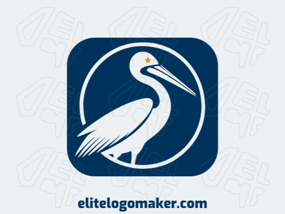 Logotipo simples composto por formas abstratas, formando um pelicano com as cores azul escuro e amarelo escuro.