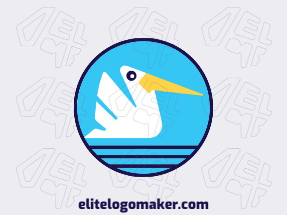 Logo available for sale in the shape of a pelican with circular design with blue, black, and yellow colors.