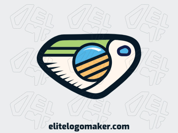 Create a logo for your company in the shape of a pelican combined with a camera with illustrative style, with green, blue, and yellow colors.