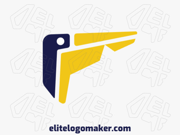 Customizable logo in the shape of a pelican composed of a minimalist style with blue and yellow colors.