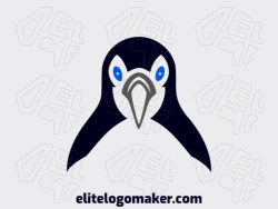 Create your own logo in the shape of a penguin with a symmetric style with blue, grey, and black colors.